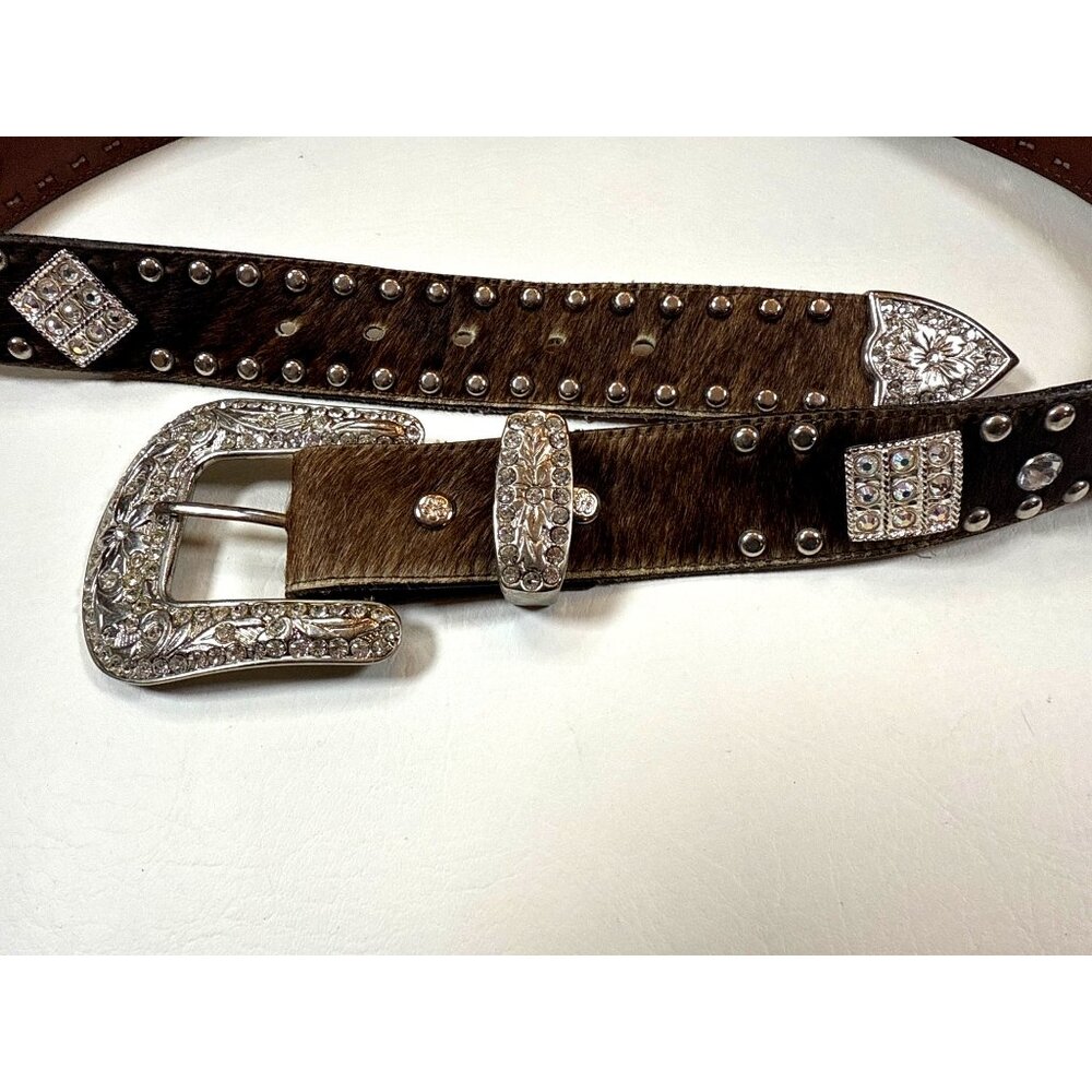 Handcrafted Leather Cowhide Belt Western Style Rhinestones Floral Buckle Design - Picture 5 of 9